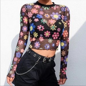 Mesh Transparent Daisy Flower Sheer Crop Top